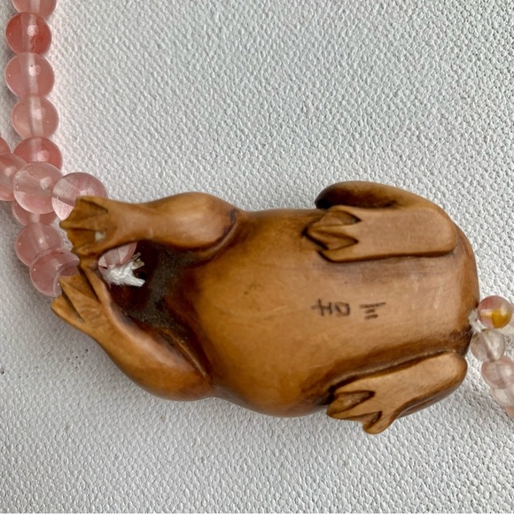 Antique Vintage Japanese Carved Wood Netsuke Frog Beaded Bracelet Finger Ring - Picture 8 of 14
